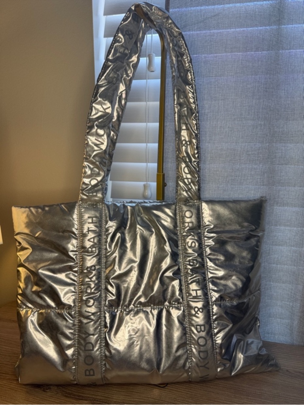 Bath & Body Works Metallic Silver Quilted Tote Bag